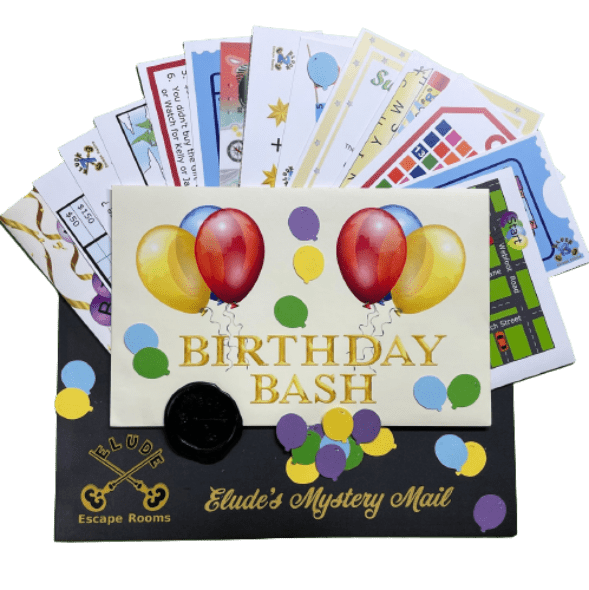 Birthday Bash Mystery Mail escape room puzzles in an envelope.