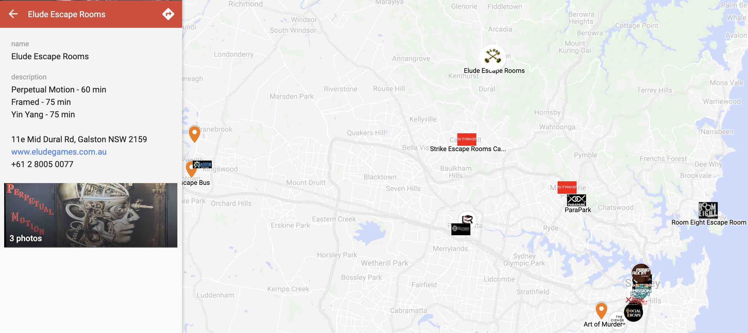 Map showing location of Escape Rooms near Sydney NSW