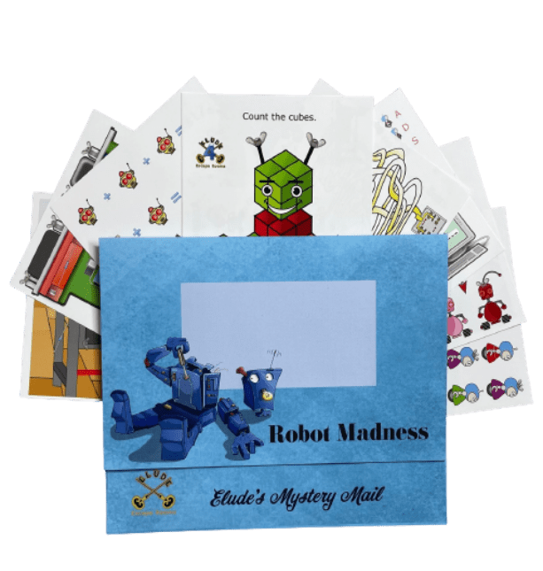 Robot Madness Mystery Mail escape room puzzles in an envelope